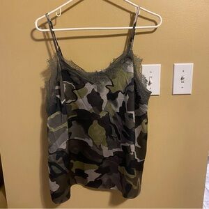 Gray green abstract camo print tank with lace trim